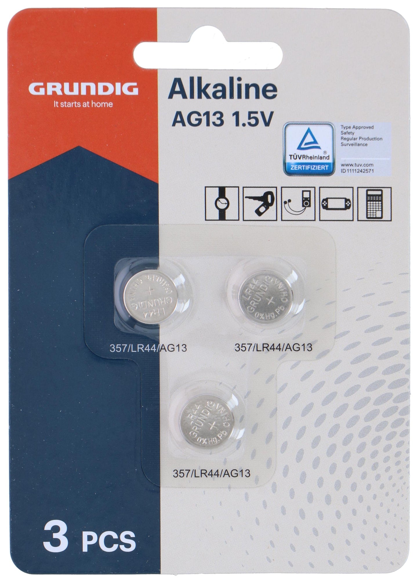 Grundig AG13/LR44 knappcellebatterier, 3stk