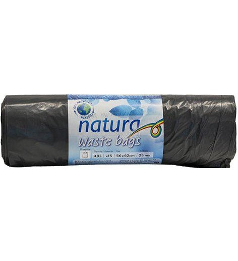 Natura Søppelposer Grå 40L 25my med Snøre 15 stk - Resirkulert Plast