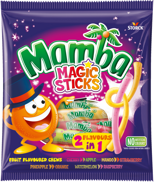 Mamba Magic Sticks 140 g – Syrlig og seig fruktgodteri