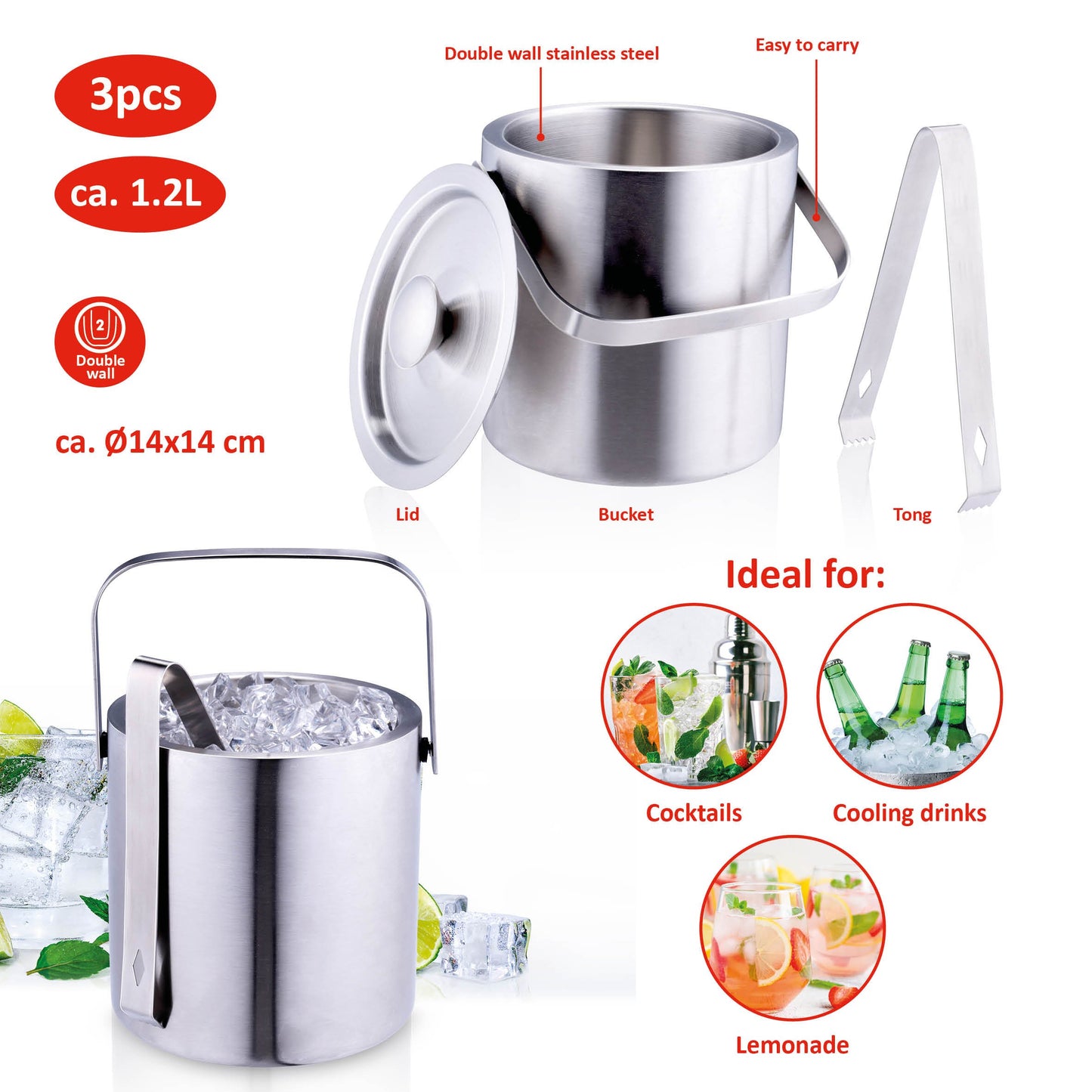 Isbøtte med lokk og isklype 1,2l